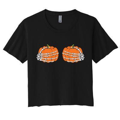 Funny Skeleton Hands Pumpkin Boobs Women's Crop Top Tee