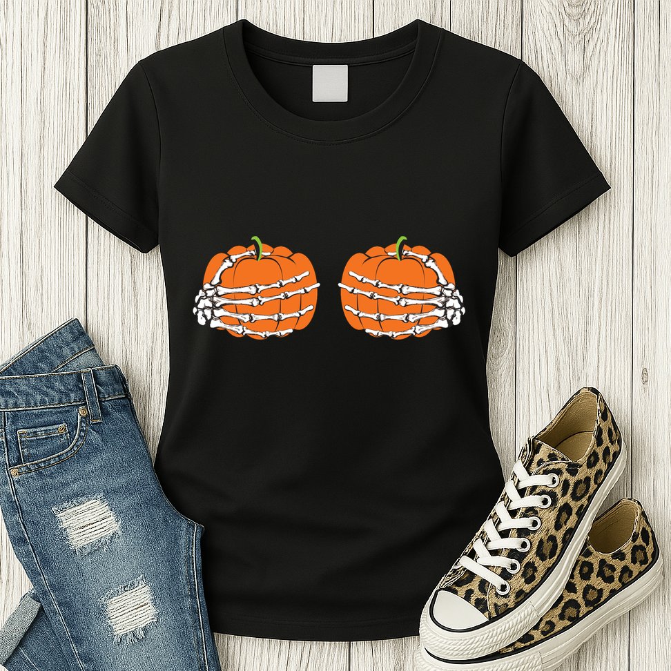 Funny Skeleton Hands Pumpkin Boobs Womens T-Shirt