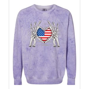 Funny Skeleton Hands With American Flag Heart 4Th Of July Cool Gift Colorblast Crewneck Sweatshirt