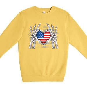 Funny Skeleton Hands With American Flag Heart 4Th Of July Cool Gift Premium Crewneck Sweatshirt