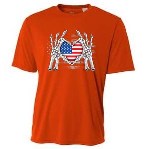 Funny Skeleton Hands With American Flag Heart 4Th Of July Cool Gift Cooling Performance Crew T-Shirt