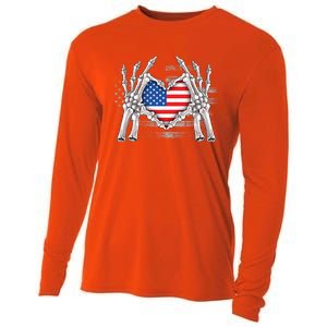 Funny Skeleton Hands With American Flag Heart 4Th Of July Cool Gift Cooling Performance Long Sleeve Crew