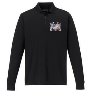 Funny Skeleton Hands With American Flag Heart 4Th Of July Cool Gift Performance Long Sleeve Polo