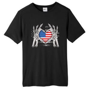 Funny Skeleton Hands With American Flag Heart 4Th Of July Cool Gift Tall Fusion ChromaSoft Performance T-Shirt