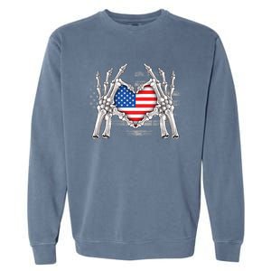 Funny Skeleton Hands With American Flag Heart 4Th Of July Cool Gift Garment-Dyed Sweatshirt