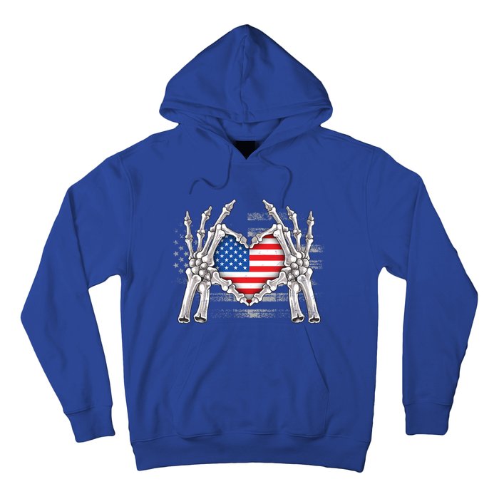 Funny Skeleton Hands With American Flag Heart 4Th Of July Cool Gift Hoodie