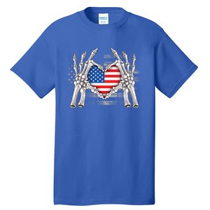 Funny Skeleton Hands With American Flag Heart 4Th Of July Cool Gift Tall T-Shirt