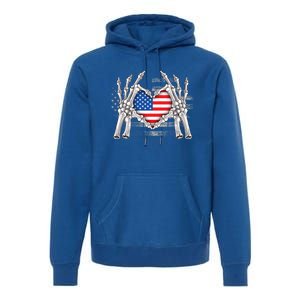 Funny Skeleton Hands With American Flag Heart 4Th Of July Cool Gift Premium Hoodie