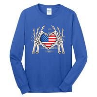 Funny Skeleton Hands With American Flag Heart 4Th Of July Cool Gift Tall Long Sleeve T-Shirt