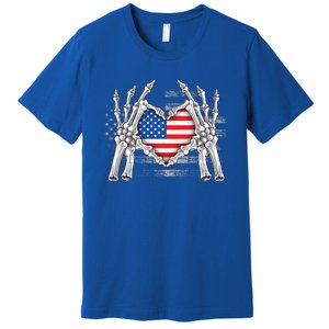 Funny Skeleton Hands With American Flag Heart 4Th Of July Cool Gift Premium T-Shirt