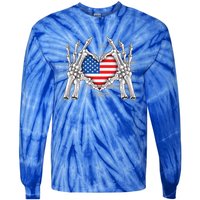 Funny Skeleton Hands With American Flag Heart 4Th Of July Cool Gift Tie-Dye Long Sleeve Shirt