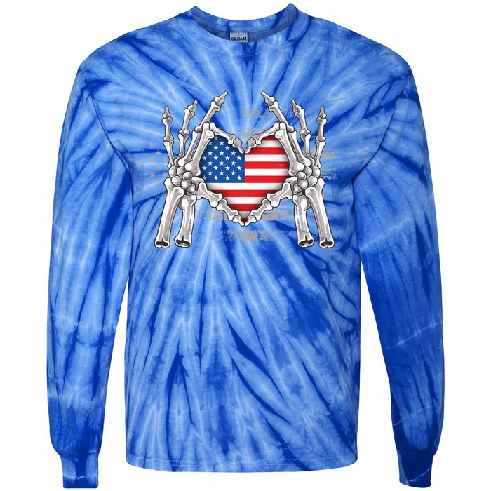 Funny Skeleton Hands With American Flag Heart 4Th Of July Cool Gift Tie-Dye Long Sleeve Shirt