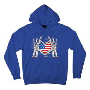 Funny Skeleton Hands With American Flag Heart 4Th Of July Cool Gift Tall Hoodie