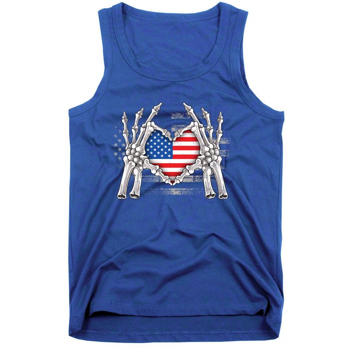 Funny Skeleton Hands With American Flag Heart 4Th Of July Cool Gift Tank Top