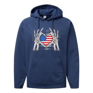 Funny Skeleton Hands With American Flag Heart 4Th Of July Cool Gift Performance Fleece Hoodie