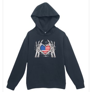 Funny Skeleton Hands With American Flag Heart 4Th Of July Cool Gift Urban Pullover Hoodie