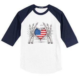 Funny Skeleton Hands With American Flag Heart 4Th Of July Cool Gift Baseball Sleeve Shirt