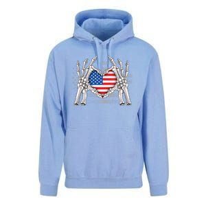 Funny Skeleton Hands With American Flag Heart 4Th Of July Cool Gift Unisex Surf Hoodie