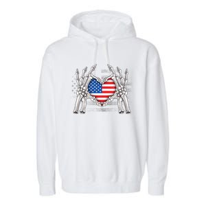 Funny Skeleton Hands With American Flag Heart 4Th Of July Cool Gift Garment-Dyed Fleece Hoodie