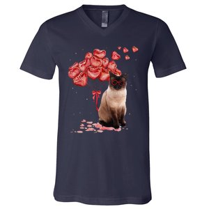 Funny Siamese Heart Valentines Day Cat Dad Mom Gift V-Neck T-Shirt