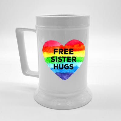 Free Sister Hugs Lgbt Flag Heart Rainbow Pride Sister Day Gift Beer Stein