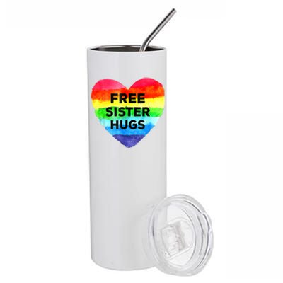 Free Sister Hugs Lgbt Flag Heart Rainbow Pride Sister Day Gift Stainless Steel Tumbler