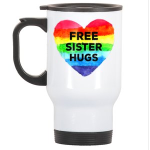 Free Sister Hugs Lgbt Flag Heart Rainbow Pride Sister Day Gift Stainless Steel Travel Mug