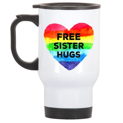 Free Sister Hugs Lgbt Flag Heart Rainbow Pride Sister Day Gift Stainless Steel Travel Mug