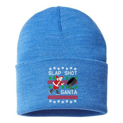 Funny Santa Hockey Christmas Slap Shot Hockey Santa Great Gift Sustainable Knit Beanie