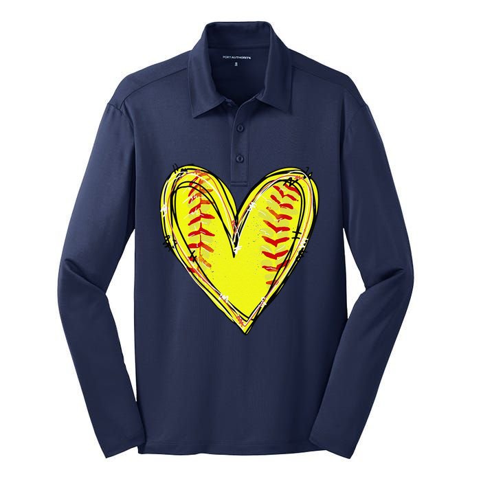 Funny Softball Heart Softball Game Day Softball Mom Lovers Gift Silk Touch Performance Long Sleeve Polo