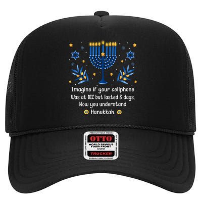 Funny Sarcastic Hanukkah Chanukah Cellphone Hanukkah Day High Crown Mesh Back Trucker Hat