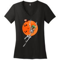 Football Skeleton Halloween Football Player Women's V-Neck T-Shirt