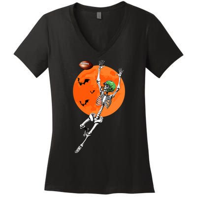 Football Skeleton Halloween Football Player Women's V-Neck T-Shirt