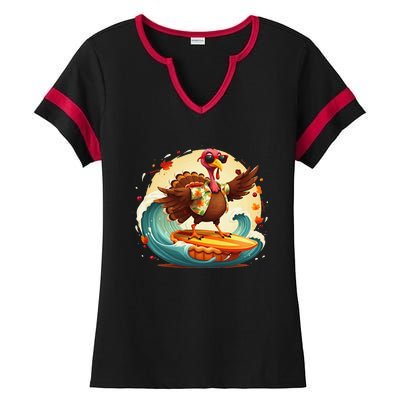 Funny Surf Hawaiian Turkey Surfing Pumpkin Pie Thanksgiving Gift Ladies Halftime Notch Neck Tee