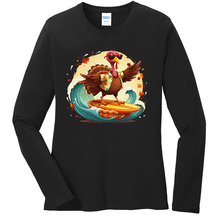 Funny Surf Hawaiian Turkey Surfing Pumpkin Pie Thanksgiving Gift Ladies Long Sleeve Shirt