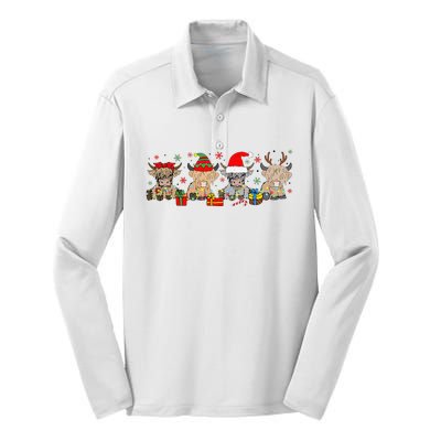 Funny Scottish Highland Cow Christmas Tree Cow Lover Xmas Silk Touch Performance Long Sleeve Polo