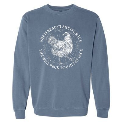 Funny She Is Beauty She Is Grace Vintage Hen Chicken Garment-Dyed Sweatshirt