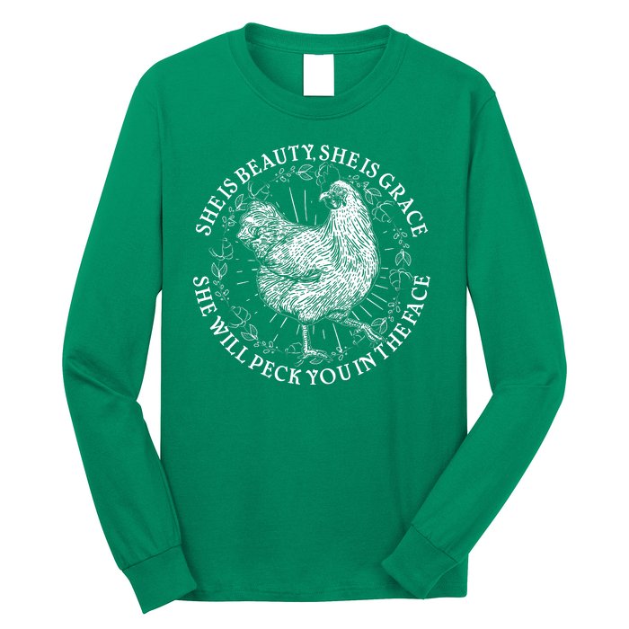 Funny She Is Beauty She Is Grace Vintage Hen Chicken Long Sleeve Shirt