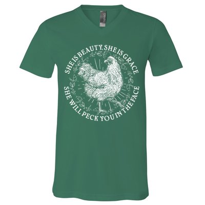 Funny She Is Beauty She Is Grace Vintage Hen Chicken V-Neck T-Shirt
