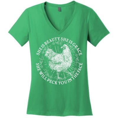 Funny She Is Beauty She Is Grace Vintage Hen Chicken Women's V-Neck T-Shirt