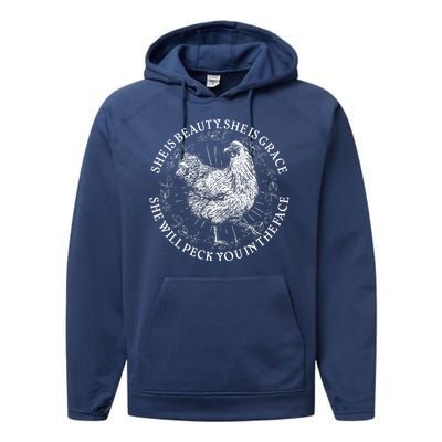 Funny She Is Beauty She Is Grace Vintage Hen Chicken Performance Fleece Hoodie