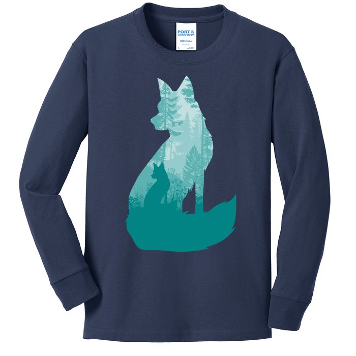 Fox Silhouette In The Forest Animal Hunter Hunting Kids Long Sleeve Shirt