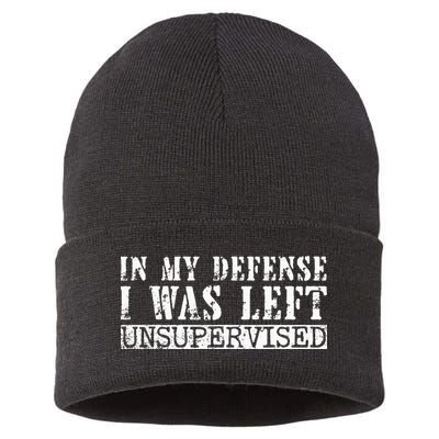 Funny Saying In My Defense I Was Left Unsupervised Vintage Sustainable Knit Beanie