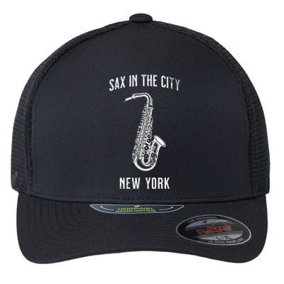 Funny Sax In The City New York Jazz Music Sax Player Design Flexfit Unipanel Trucker Cap