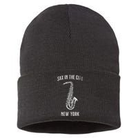 Funny Sax In The City New York Jazz Music Sax Player Design Sustainable Knit Beanie