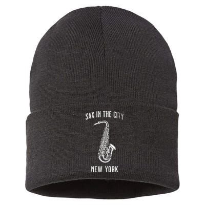 Funny Sax In The City New York Jazz Music Sax Player Design Sustainable Knit Beanie