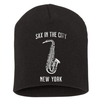 Funny Sax In The City New York Jazz Music Sax Player Design Short Acrylic Beanie