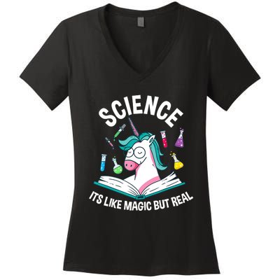 Funny Science Is Like Magic But Real Unicorn Funny Science Women's V-Neck T-Shirt