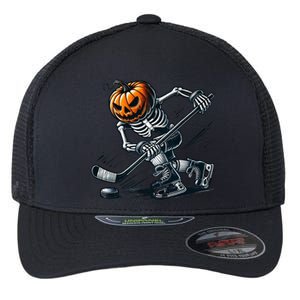 Funny Skeleton Ice Hockey Halloween Pumpkin Hockey Cute Gift Flexfit Unipanel Trucker Cap