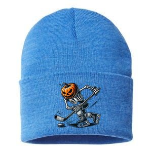 Funny Skeleton Ice Hockey Halloween Pumpkin Hockey Cute Gift Sustainable Knit Beanie